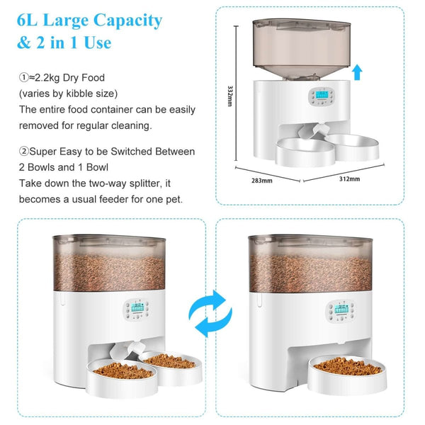 Automatic Cat Feeder Stainless Steel Two-Way Splitter and Double Bowls Pet Feeders Food Dispenser Voice Recorder, Battery and Plug-In Power by U.S.